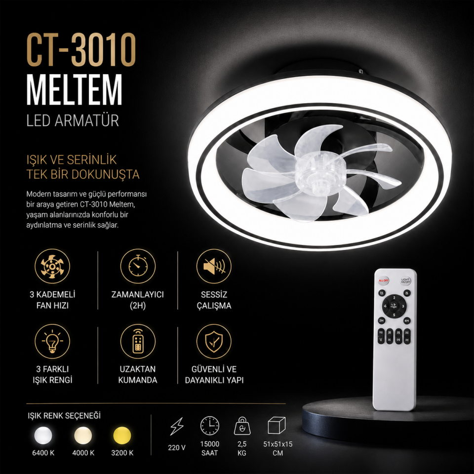 CATA CT-3010 Meltem LED Fanlı Tavan Armatürü