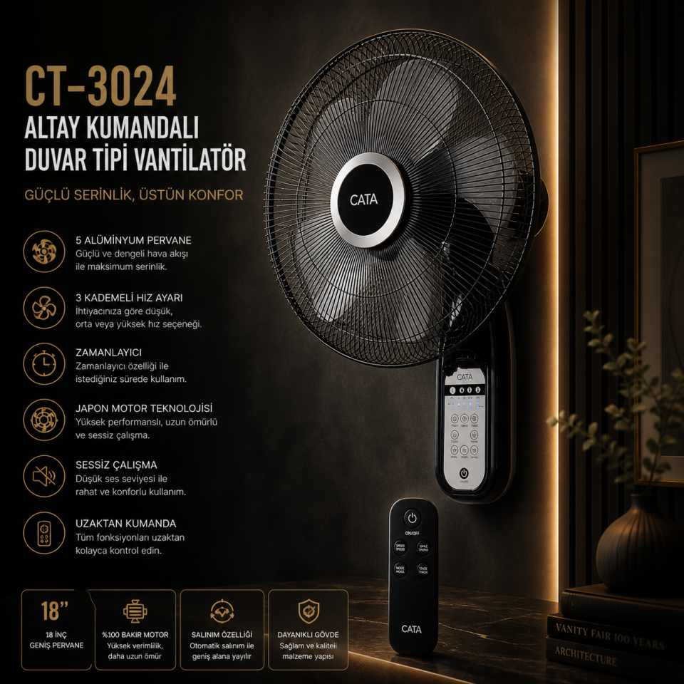 CATA CT-3024 Altay 18 İnç Kumandalı Duvar Tipi Vantilatör