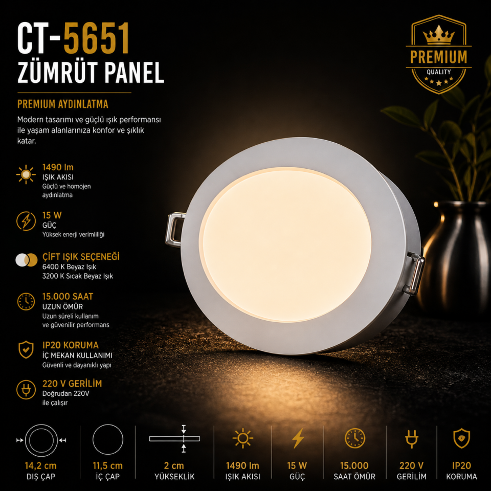 CATA CT-5651 15W Zümrüt Panel LED