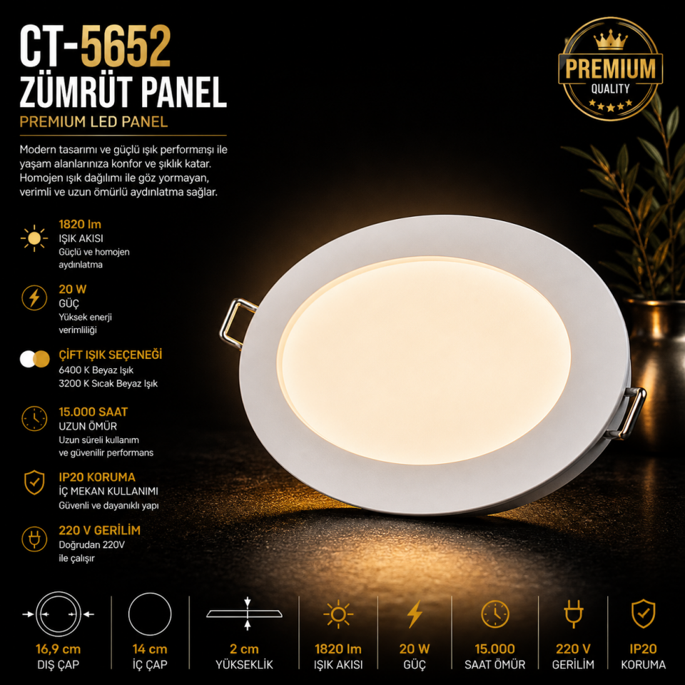CATA CT-5652 20W Zümrüt Panel LED