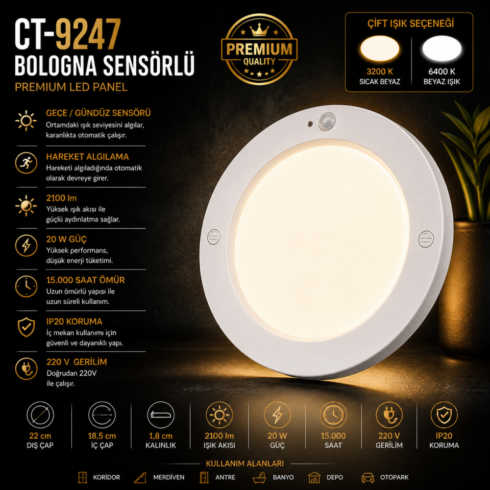 CATA CT-9247 20W Bologna Sensörlü LED Panel