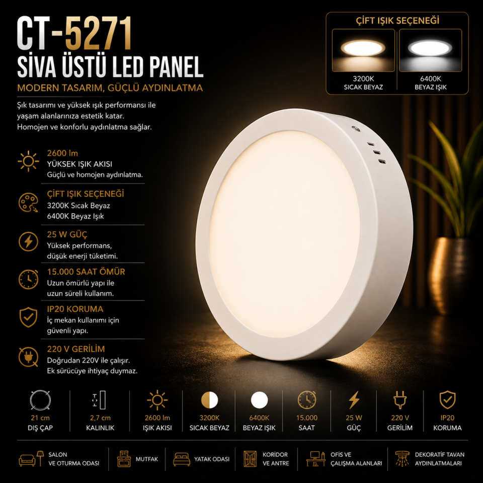 CATA CT-5271 25W Sıva Üstü LED Panel 6400K Beyaz