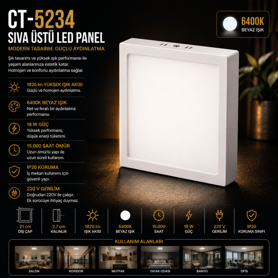 CATA CT-5234 18W Sıva Üstü LED Panel 6400K Beyaz Işık