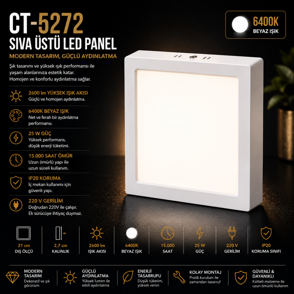 CATA CT-5272 25W Sıva Üstü LED Panel 6400K Beyaz Işık