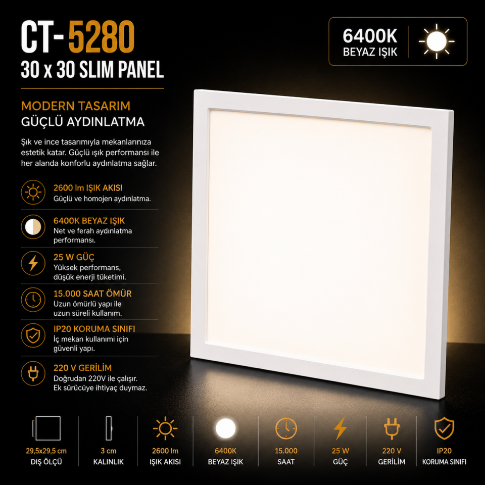 CATA CT-5280 25W 30x30 Slim Panel 6400K Beyaz