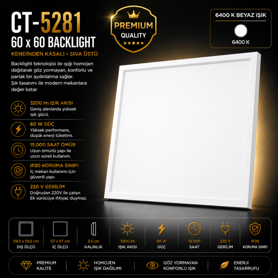 CATA CT-5281 60W 60x60 Backlight Kendinden Kasalı Sıva Üstü Panel 6 ADET 6400K Beyaz Işık