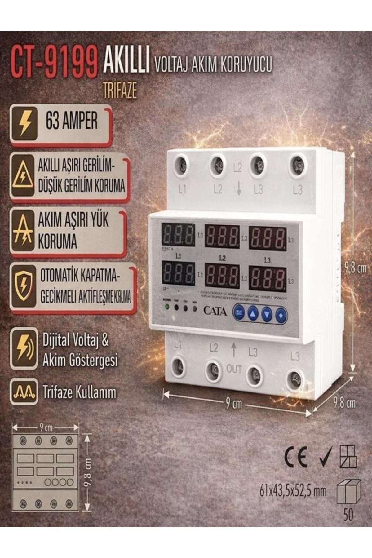 CT-9199 Akıllı Voltaj Akım Koruyucu Trifaze 63 Amper Ray Tipi