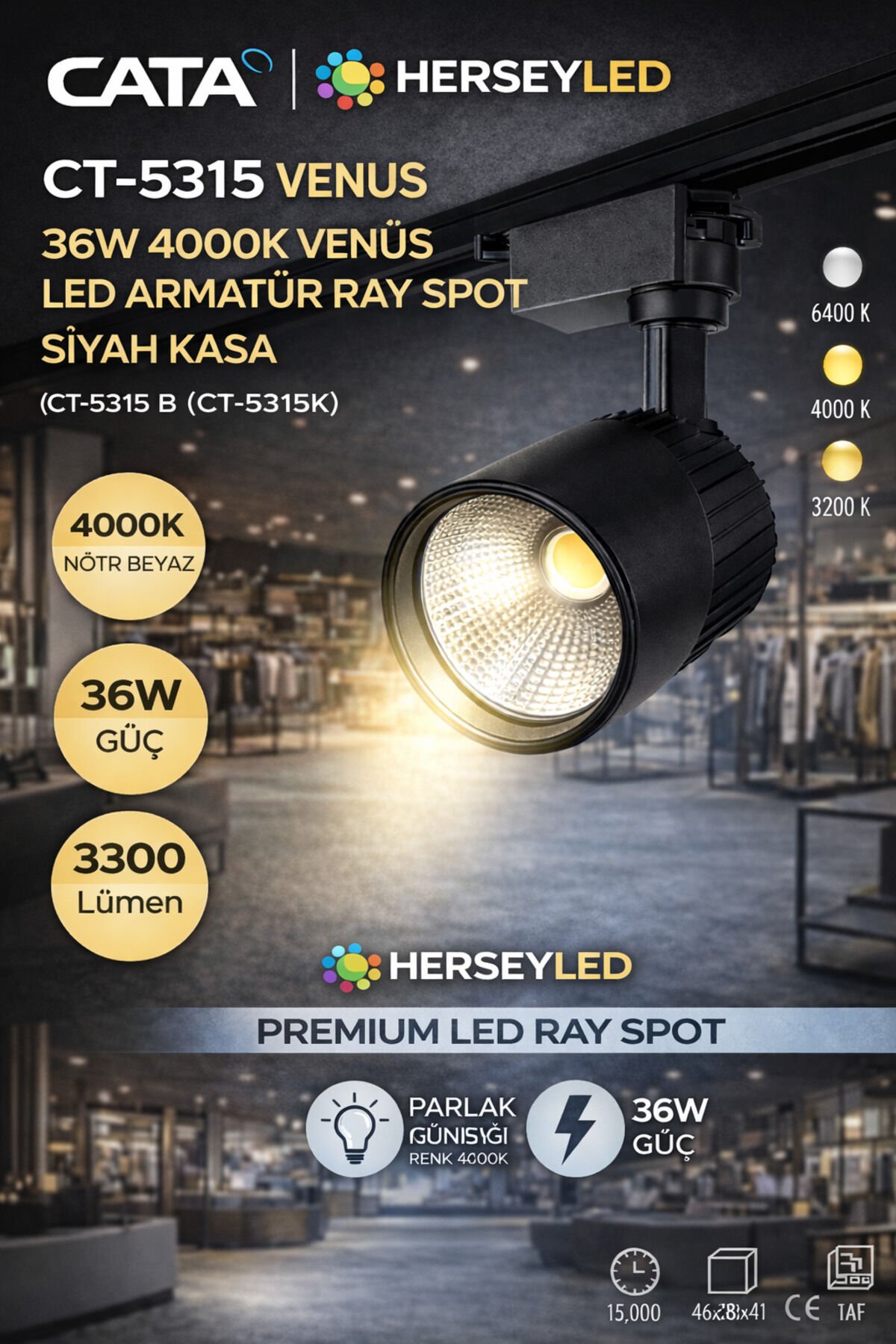 36W 4000K VENÜS LED ARMATÜR RAY SPOT SİYAH KASA CT-5315 K